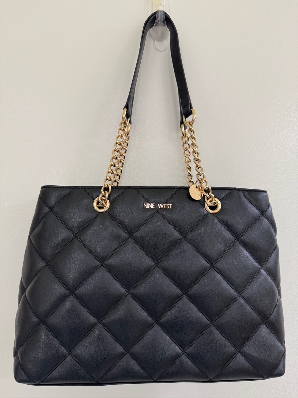 Nine West Quilted Tote Bag Black Gold Chain Carryall Shoulder Bag